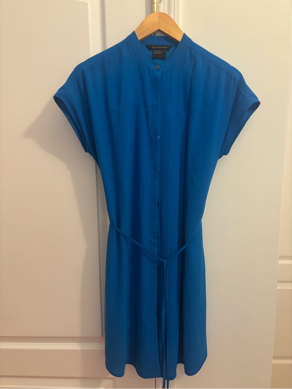 Armani Exchange Vibrant Blue Button-Front Tie-Waist Mini Dress